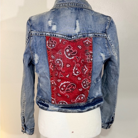 White Crow Distressed Denim Jacket with Red Bandana Backing - Picture 1 of 6